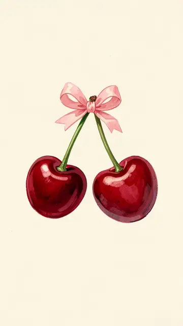 A gouache illustration of two deep red cherries tied with a tiny pink bow on a cream background