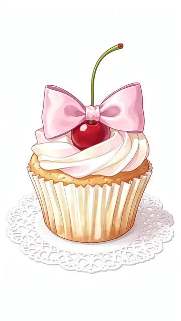 A pastel illustration of a frosted cupcake topped with a cherry and pink satin bow resting on a lace doily.