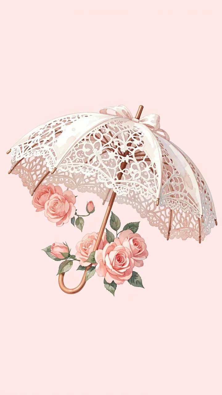 White lace parasol arranged with blush pink roses on a soft pale pink background
