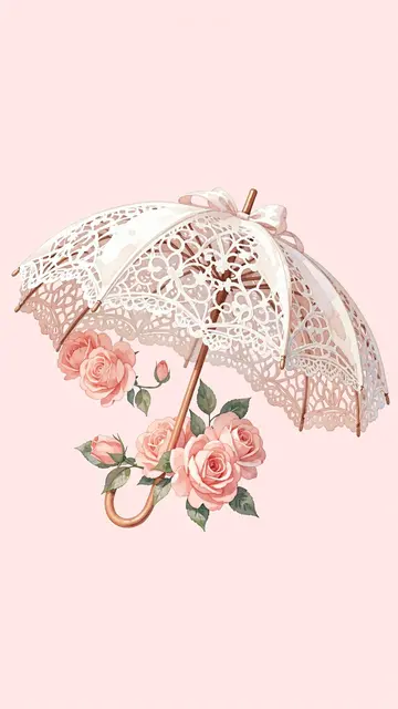 White lace parasol arranged with blush pink roses on a soft pale pink background