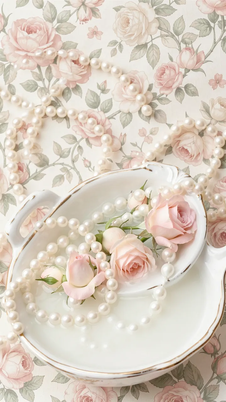 Porcelain dish of milky water holds pale pink rosebuds and draped pearls over floral wallpaper
