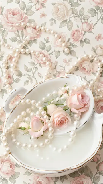 Porcelain dish of milky water holds pale pink rosebuds and draped pearls over floral wallpaper