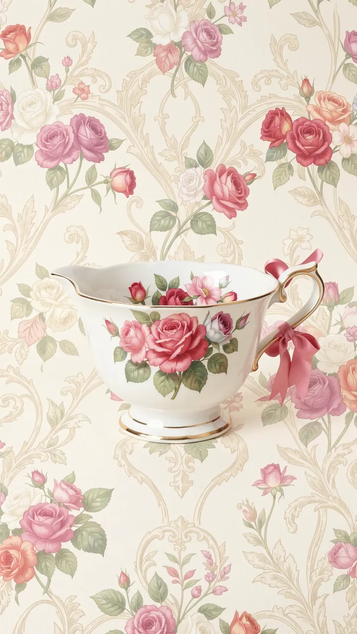A porcelain teacup with rose artwork and pink satin bows sits over a matching vintage floral wallpaper background.