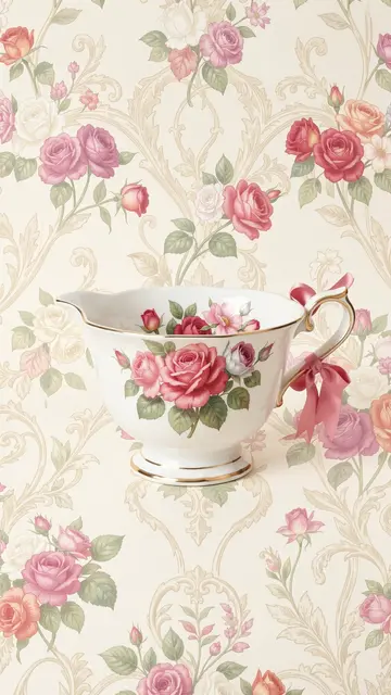 A porcelain teacup with rose artwork and pink satin bows sits over a matching vintage floral wallpaper background.