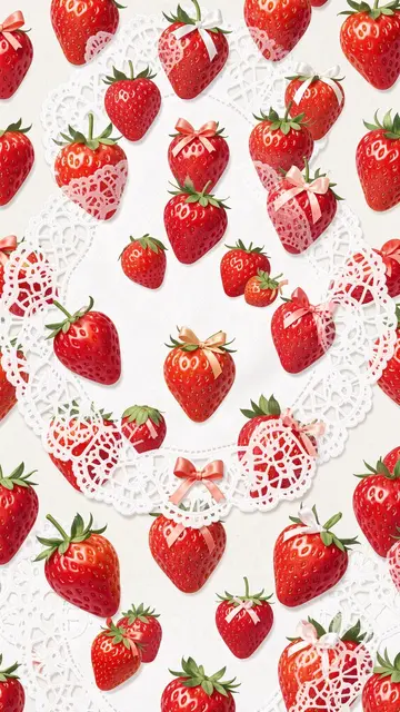 Decorative pattern of heart-shaped strawberries with satin bows arranged over delicate white lace doilies