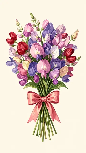 Gouache illustration of a bow-tied sweet pea bouquet on a soft ivory background