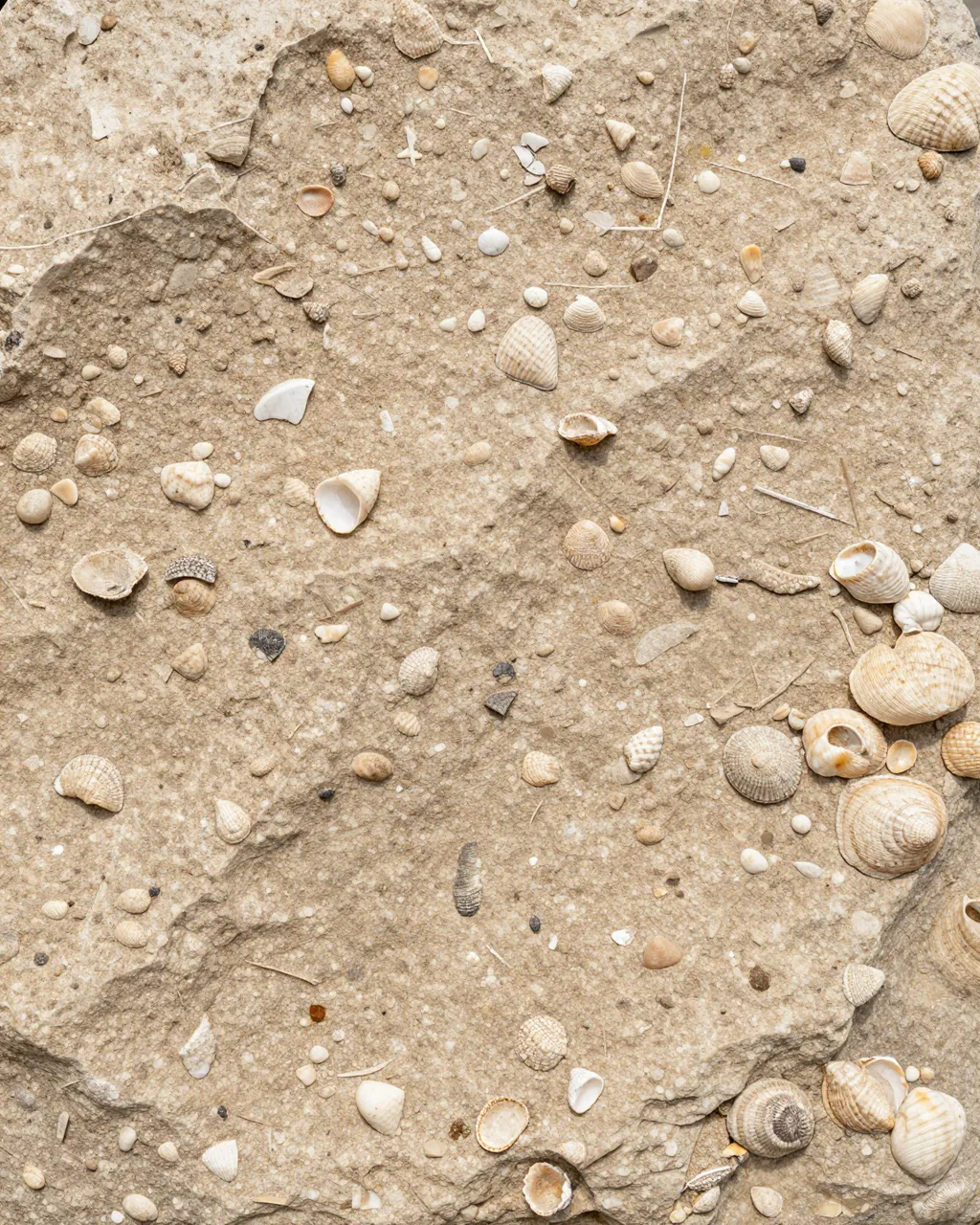 Full frame close-up of pale tan coquina stone embedded with scattered broken and intact seashells under flat even lighting