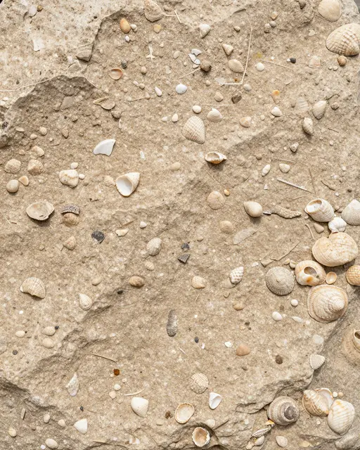 Full frame close-up of pale tan coquina stone embedded with scattered broken and intact seashells under flat even lighting
