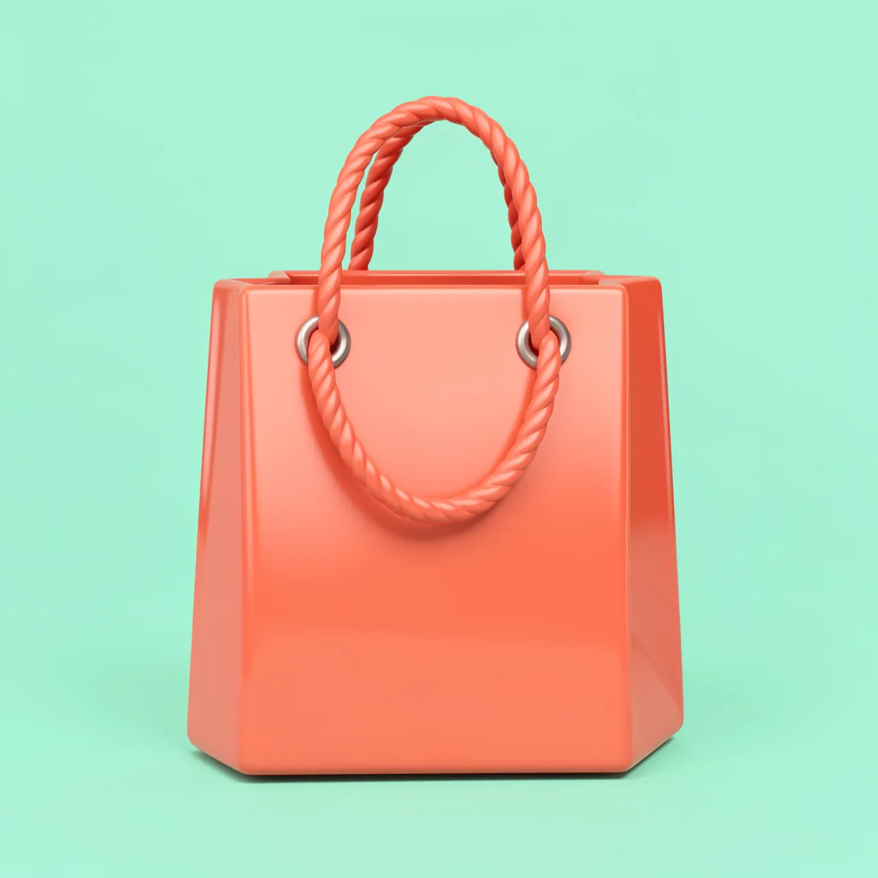 Glossy coral shopping bag with rope handles sits on a solid mint green background