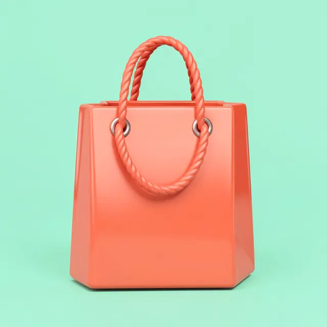 Glossy coral shopping bag with rope handles sits on a solid mint green background