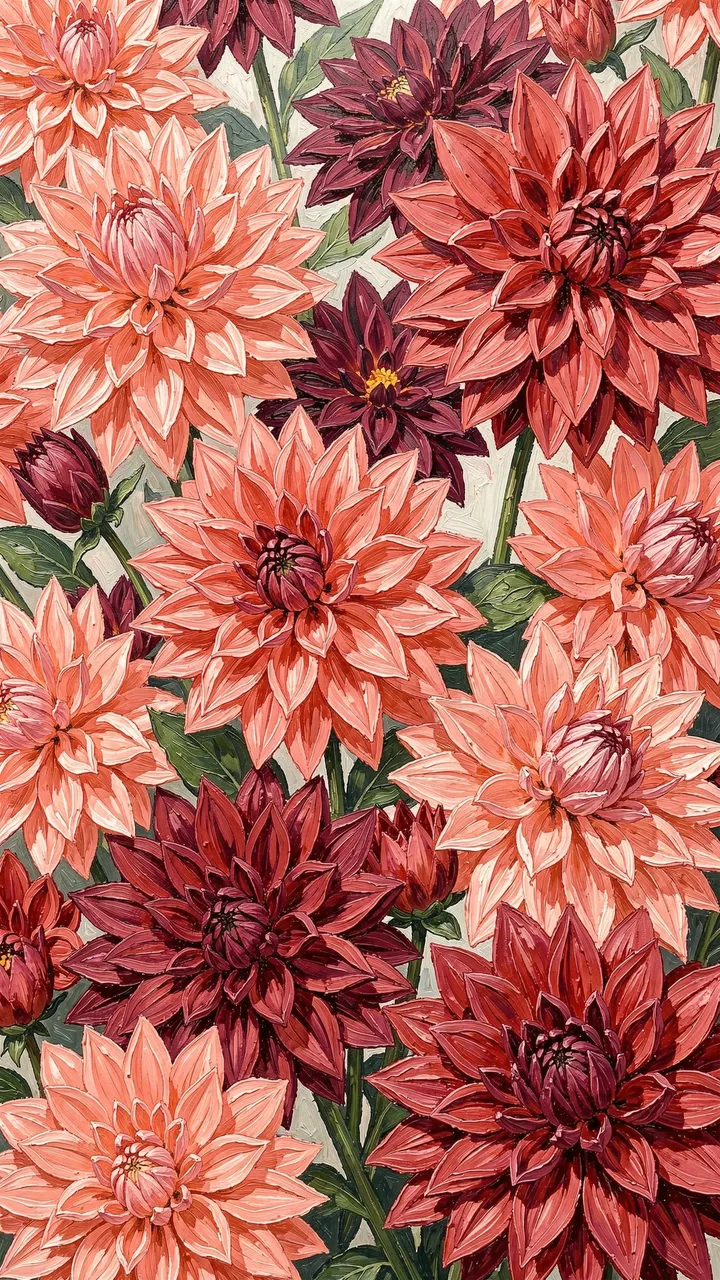 Vertical impasto oil painting of dense coral and burgundy dahlia flowers with green foliage.