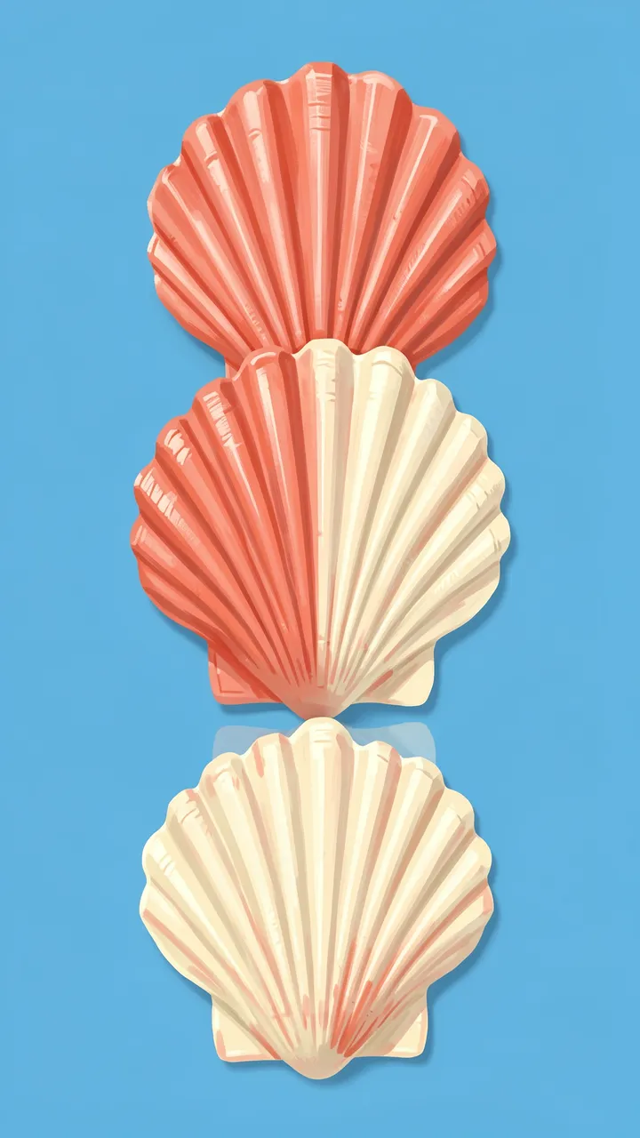 Three stacked ribbed scallop shells in coral and cream against a solid sea blue background