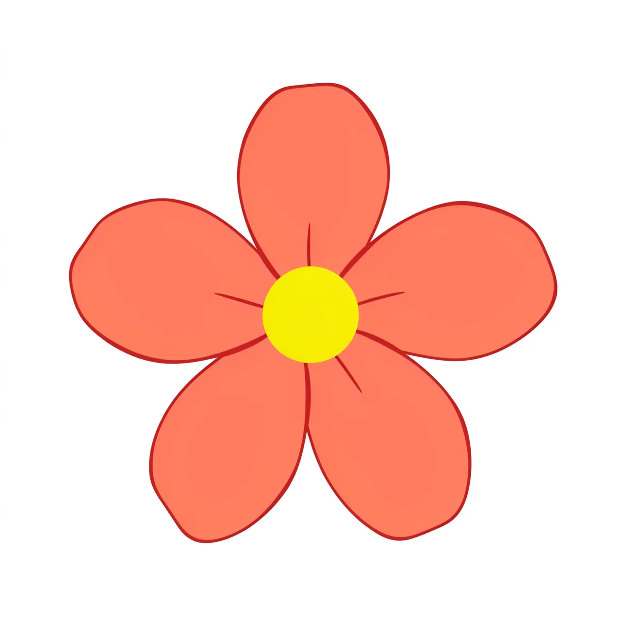 Flat illustration of a simple five-petal coral flower with a bright yellow center isolated on a plain white background