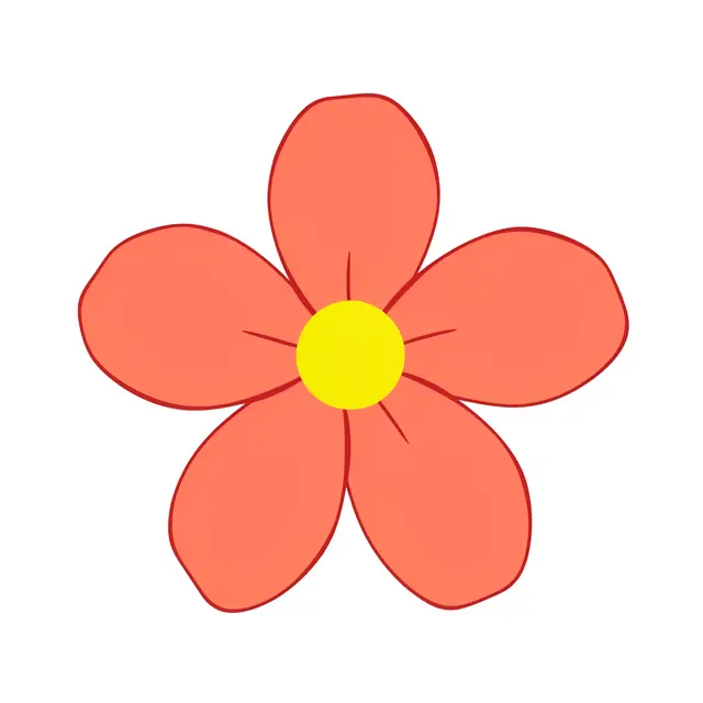 Flat illustration of a simple five-petal coral flower with a bright yellow center isolated on a plain white background