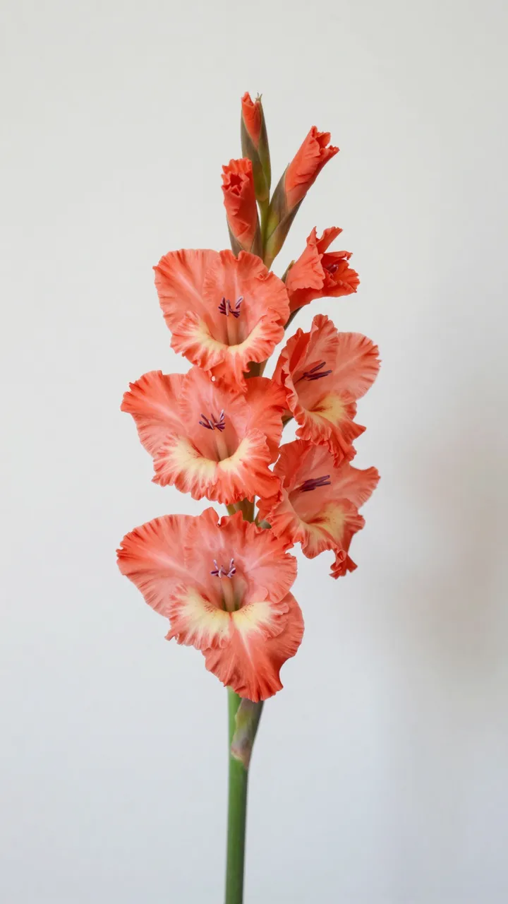 A single vertical gladiolus stem with ruffled coral blooms against a plain light white wall