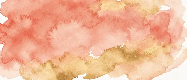 Soft blended watercolor washes in warm coral and metallic gold tones on white paper