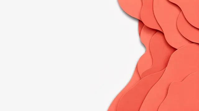 Layered coral paper cut shapes sit on the right side of a blank light off-white background with ample copy space.