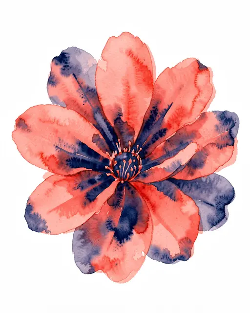 A soft watercolor floral bloom in coral and navy shades against a plain white background