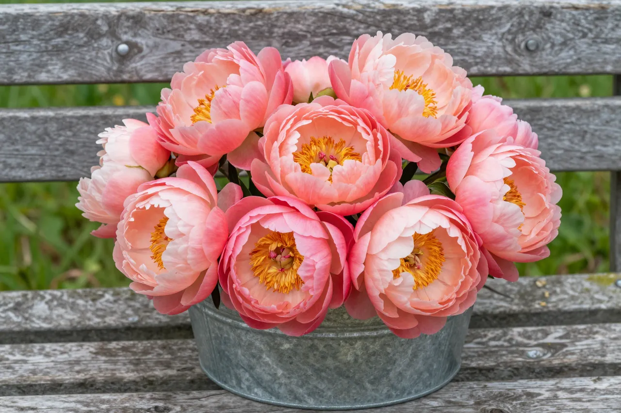 A bouquet of coral peonies sits in a galvanized metal bucket on a weathered wooden garden bench.