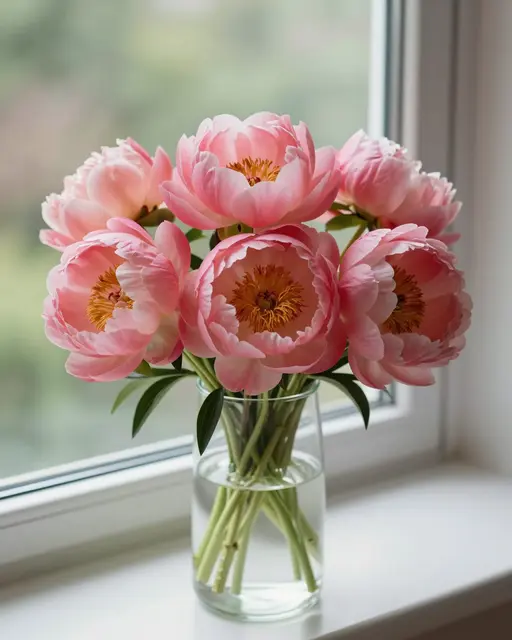 A bouquet of soft coral pink peonies sits in a clear glass vase on a bright windowsill beside blurred outdoor greenery.