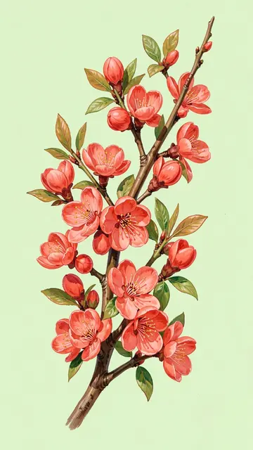 Gouache illustration of a quince blossom branch with coral flowers on a pale green background