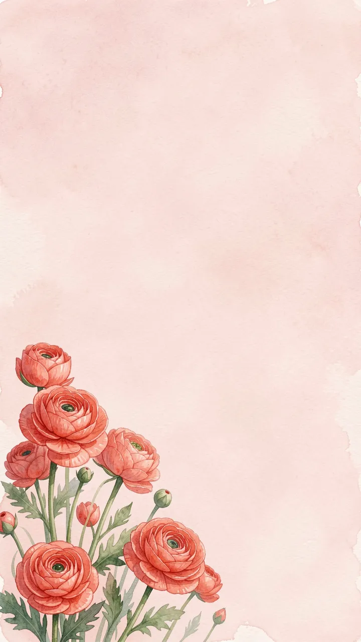 Coral ranunculus flowers grow from the bottom left corner against a soft blush watercolor background with empty copy space.