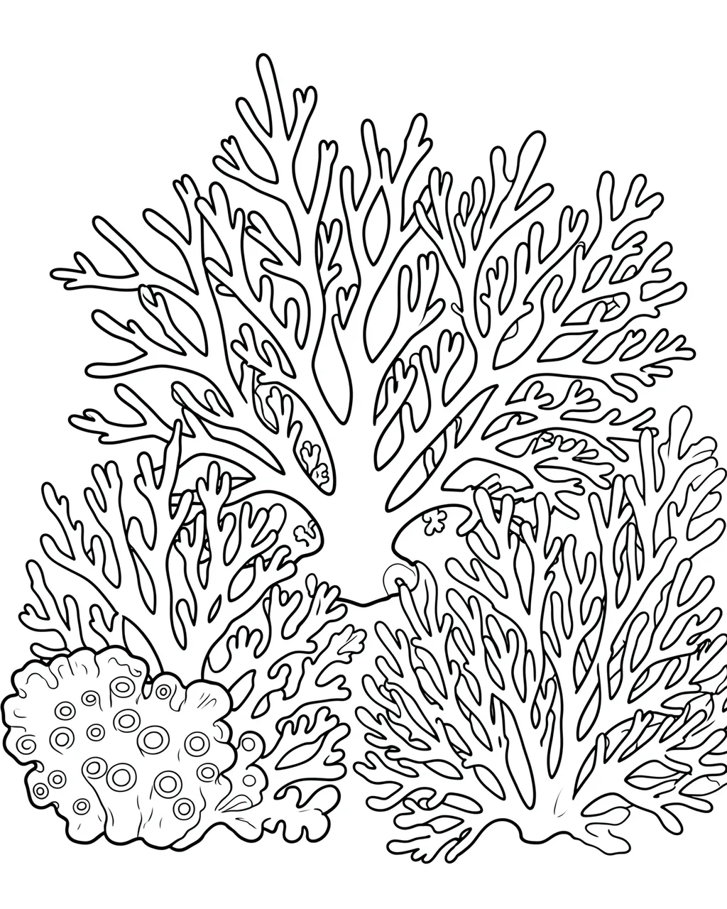 Black and white clean line art of intricate branching coral formations on a plain white background