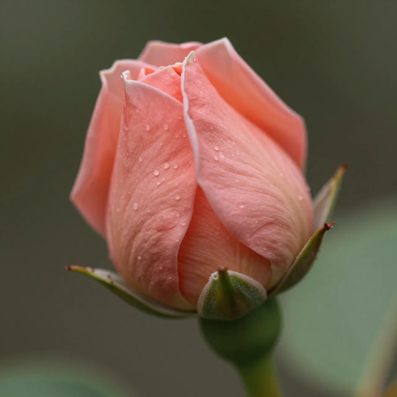 Close up of a coral pink rose bud covered in tiny water droplets against a soft blurred green background