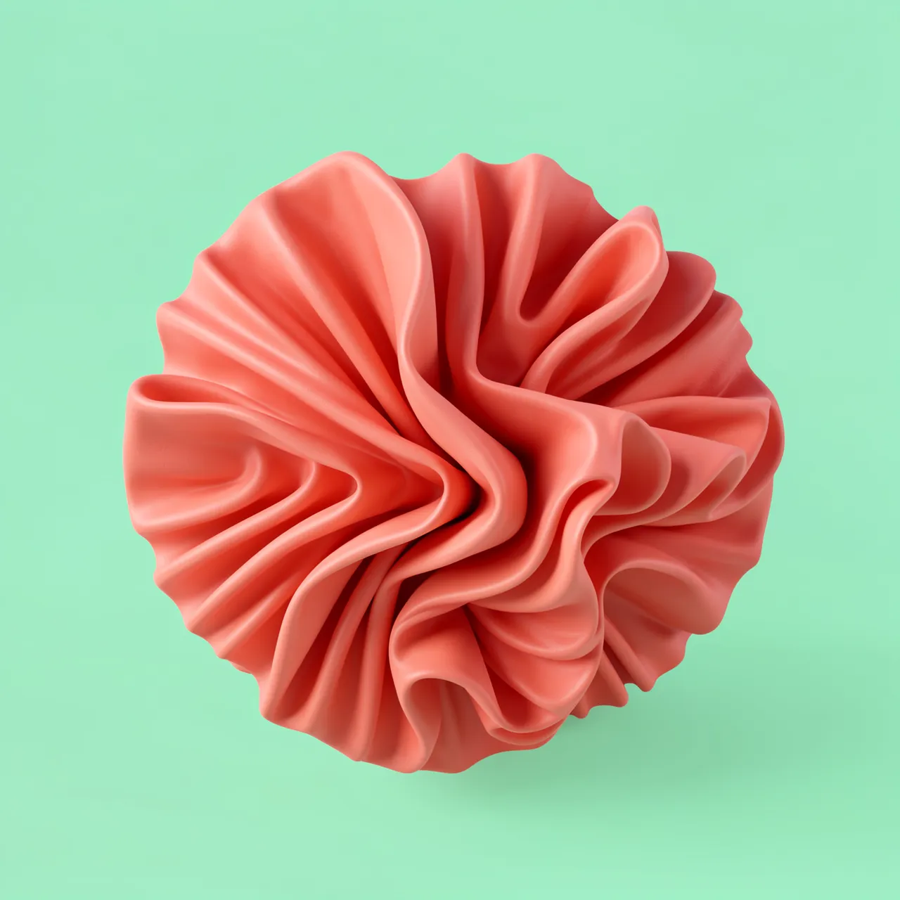 A smooth 3D rendered coral pink ruffled folded form sits against a solid mint green background