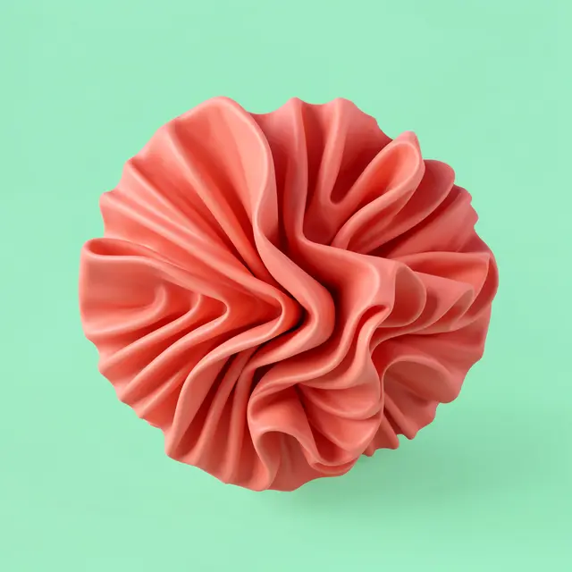 A smooth 3D rendered coral pink ruffled folded form sits against a solid mint green background