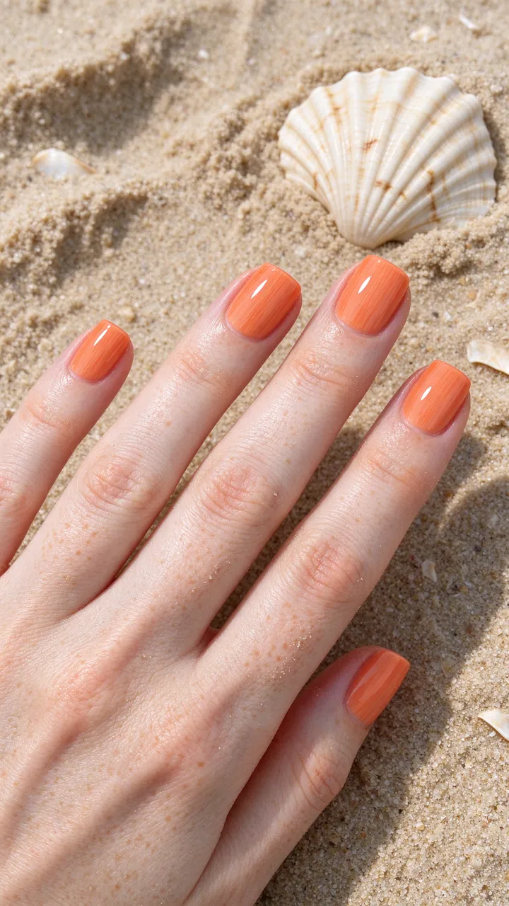 A pale freckled hand with glossy coral square nail polish rests next to a seashell on warm beach sand.