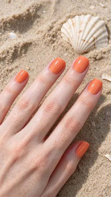 A pale freckled hand with glossy coral square nail polish rests next to a seashell on warm beach sand.
