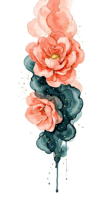 Vertical flowing alcohol ink artwork with coral flowers, deep teal layers and scattered gold flecks on a white background