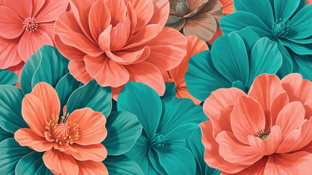 Dense overlapping oversized illustrated flowers in coral and teal fill the entire frame