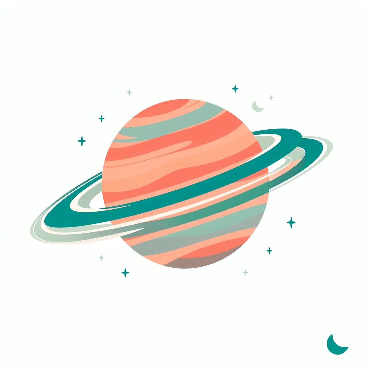 Minimal flat vector illustration of a striped ringed planet with stars and crescent moons on a plain white background