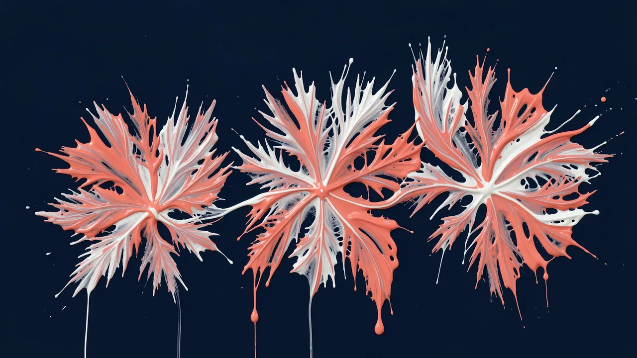 Three feathery flower-shaped fluid paint forms in coral and white against a deep navy background