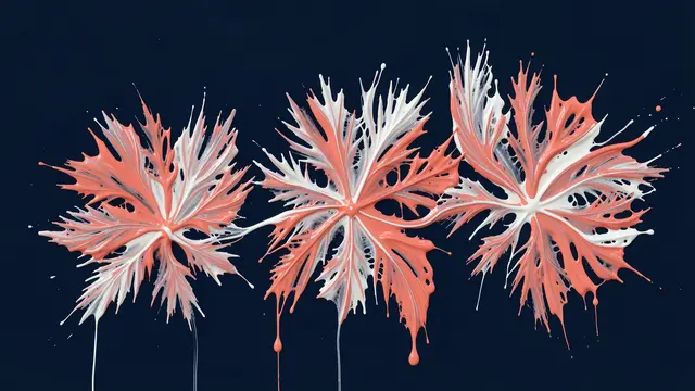 Three feathery flower-shaped fluid paint forms in coral and white against a deep navy background