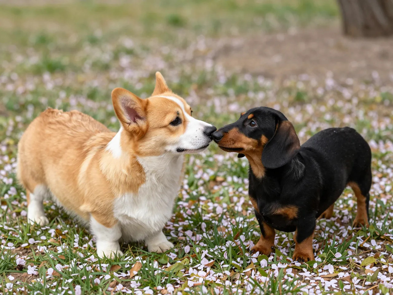 A tan and white corgi and a black and tan dachshund touch noses while standing on a petal-strewn grass lawn