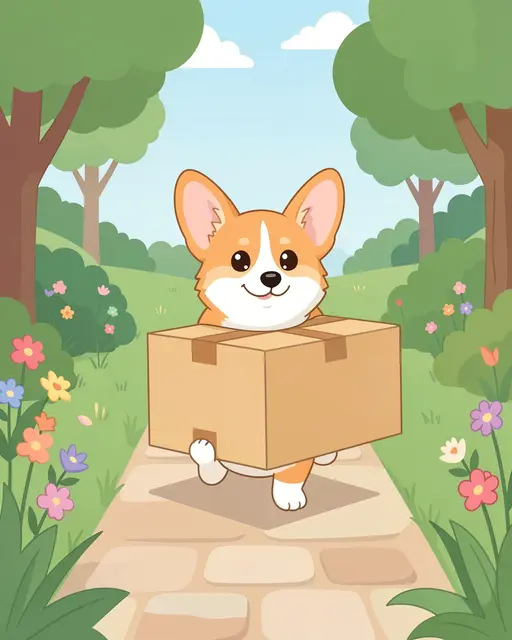 Cute cartoon corgi walks along a garden path holding a plain cardboard delivery box