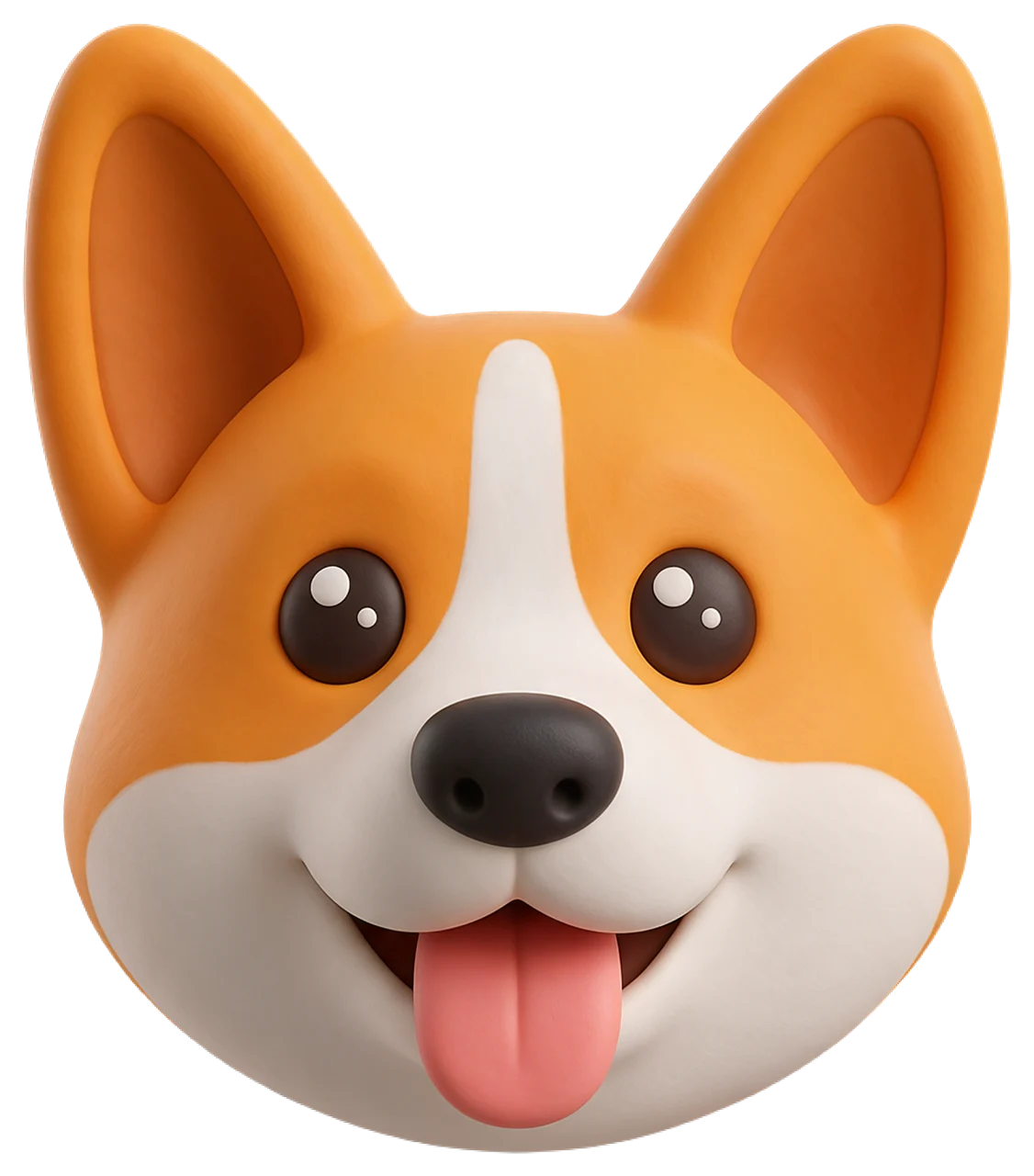 3D cartoon corgi head with upright ears, tongue sticking out, facing forward