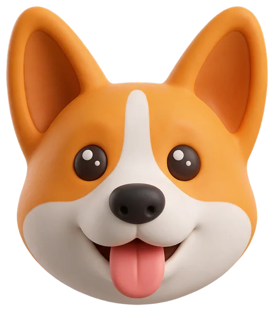 3D cartoon corgi head with upright ears, tongue sticking out, facing forward