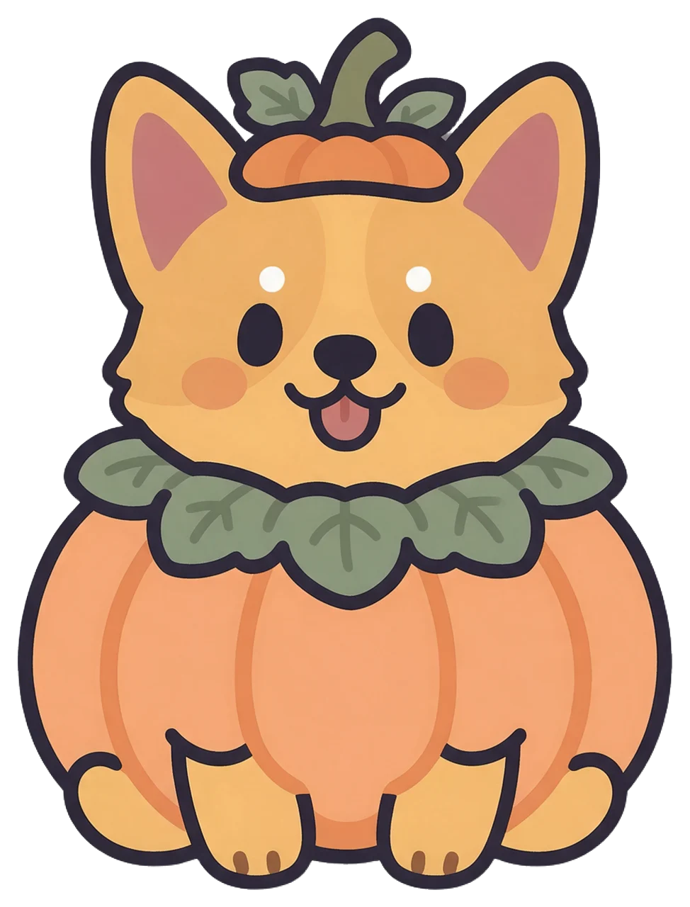 Cute cartoon corgi wearing a pumpkin costume, leaf collar and stem hat, sitting and smiling with its tongue out