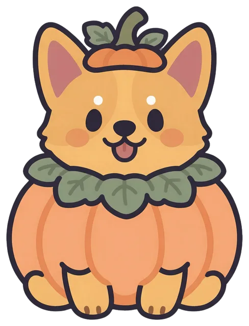 Cute cartoon corgi wearing a pumpkin costume, leaf collar and stem hat, sitting and smiling with its tongue out