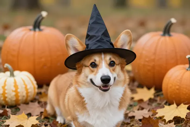 A tan and white corgi wearing a small black witch hat sits among pumpkins and fallen autumn leaves.