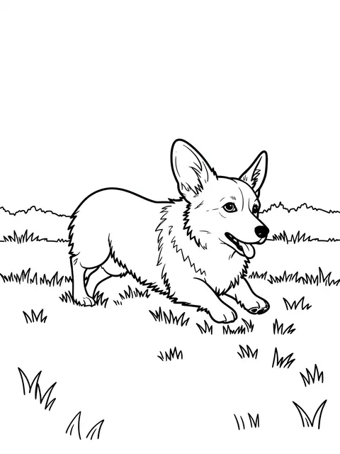 Bold black and white line art of a happy panting corgi standing on a grassy lawn, made for a coloring page.