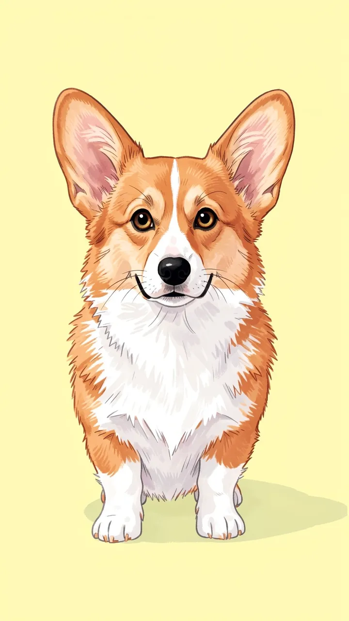 A friendly illustrated pembroke corgi stands facing forward on a soft pale yellow background