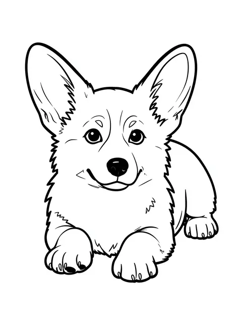 Black and white bold line art of a smiling corgi puppy lying on its tummy against a plain white background