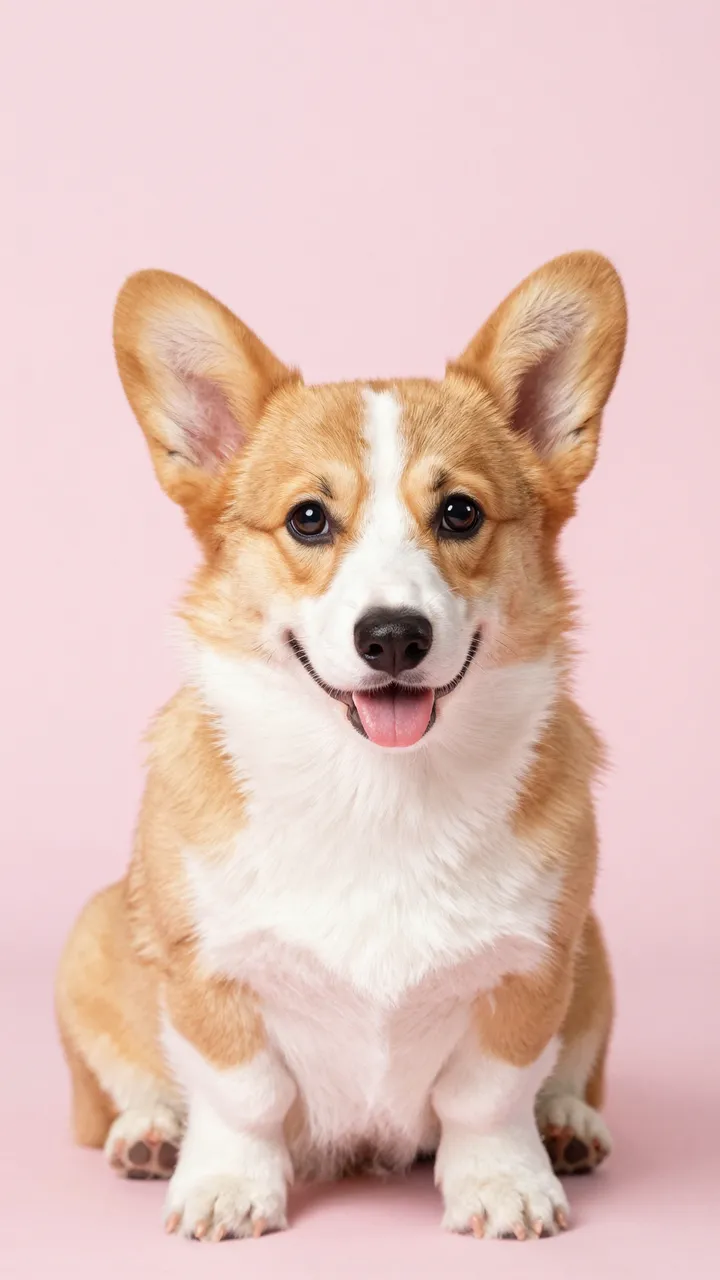 A happy tan and white corgi puppy sits facing the camera against a solid pastel pink background.