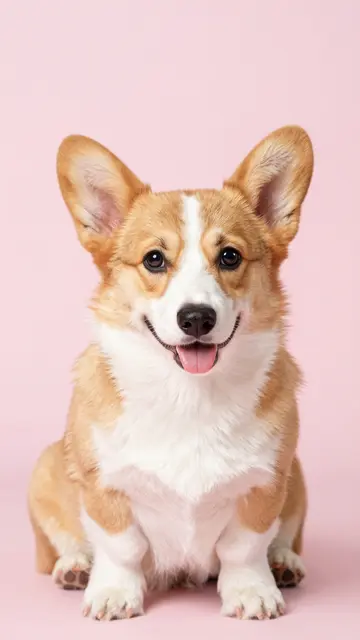 A happy tan and white corgi puppy sits facing the camera against a solid pastel pink background.