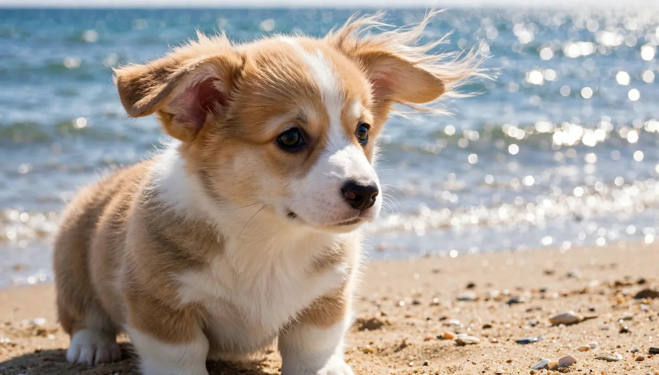 A fluffy corgi puppy with wind-blown ears sits on a sandy beach next to sparkling sunlit sea.
